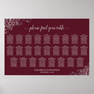 26 Bord Bröllopsplatskarta Silver på Burgundy Poster