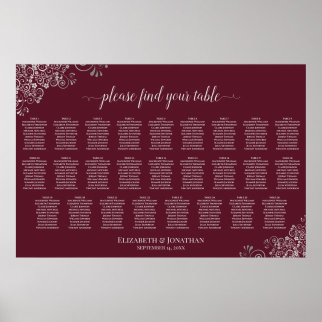 26 Bord Bröllopsplatskarta Silver på Burgundy Poster (Framsidan)