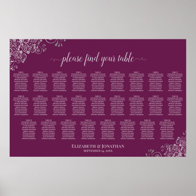 26 Bord Bröllopsplatskarta Silver på Magenta Poster (Framsidan)