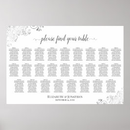 26 Bord Bröllopsplatskarta Silverfransar Vit Poster