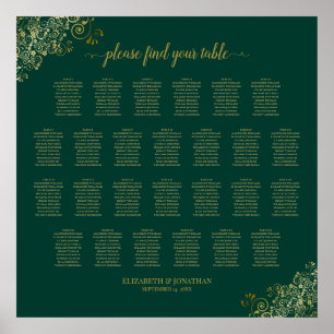 26 Bord Bröllopsplatskarta Smaragdgrön Guld Poster