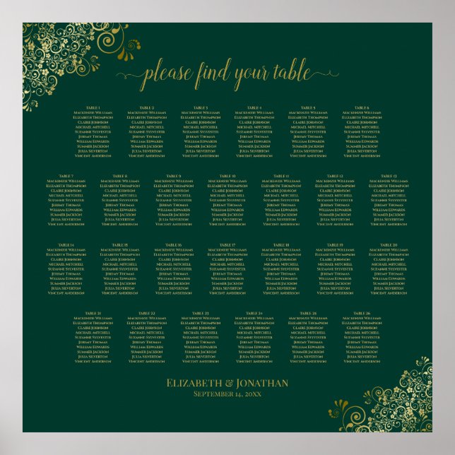 26 Bord Bröllopsplatskarta Smaragdgrön Guld Poster (Framsidan)
