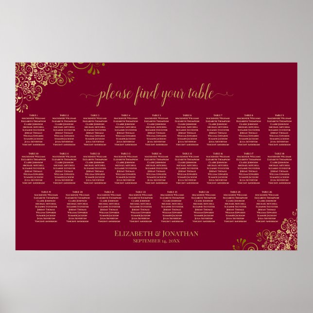 26 Bord Burgundy och Guld Bröllops Placeringsplan Poster (Framsidan)
