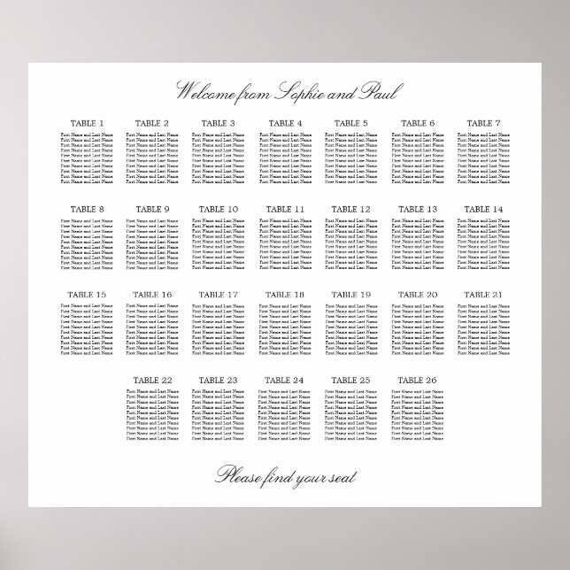 26 Bord Elegant Minimalistisk Sittplatsschema Poster (Framsidan)