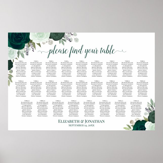 26 Bord Emerald Boho Rosor Bröllopsplatskarta Poster (Framsidan)