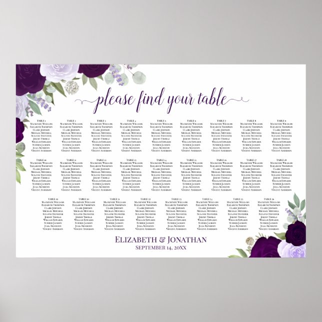 26 Bord Lila Boho Rosor Bröllopsplatskarta Poster (Framsidan)