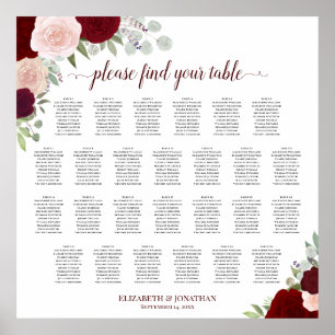 26 Bord Röda och Rosa ros Bröllop-sätesdiagram Poster