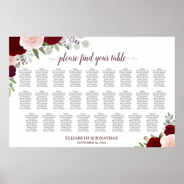 26 Bord Röda & Rosa Rosor Bröllopsplatskarta Poster (Framsidan)