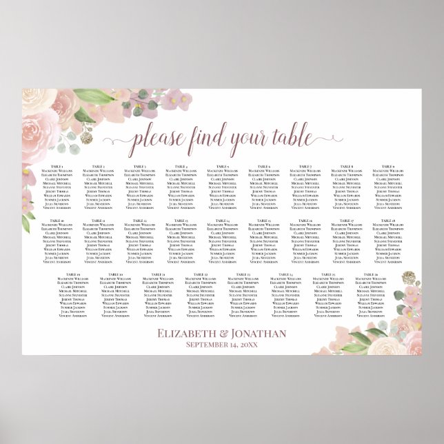 26 Bord Rustic Rosa ros Bröllop-sätesdiagram Poster (Framsidan)