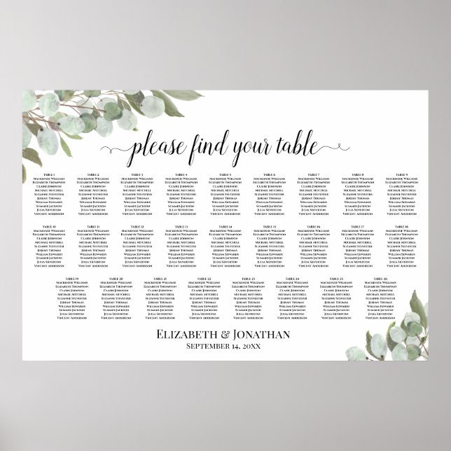 26 Bord Rustik Eukalyptus Bröllopsplatskarta Poster (Framsidan)