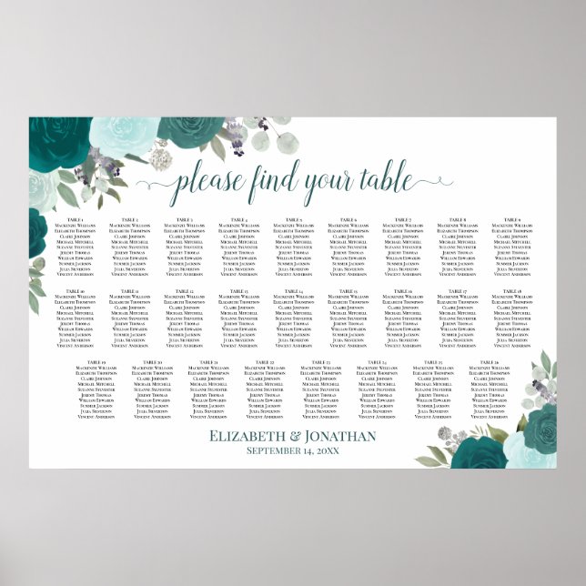 26 Bord Teal Boho Rosor Bröllopsplatskarta Poster (Framsidan)