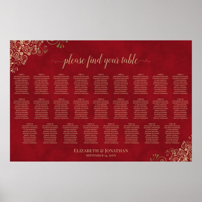 26 Bords Bröllopsplatskarta i Mörkröd och Guld Poster (Framsidan)