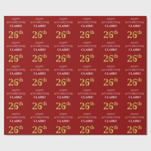 26:e födelsedag: Elegant, rött, Faux Guld-utseende Presentpapper (Platt)