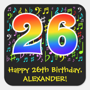 26:e födelsedagen: Colorful Music Symbols, Rainbow Fyrkantigt Klistermärke