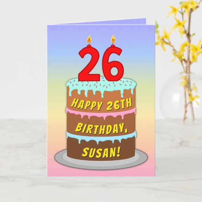 26:e födelsedagen - Roligt Cake & Candles, med ege Kort (Gul blomma)