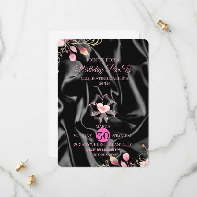 26:e lyxrosa och guld födelsedagsinbjudan med spara datumet (Fram/Back In Situ)