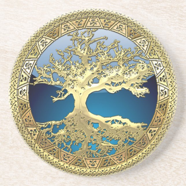 [26] Golden Celtic Livets träd Underlägg Sandsten (Framsidan)