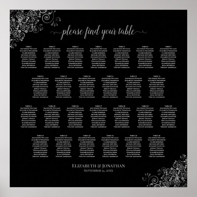 26 sätesschemat Bord Bröllop Silver Frills Black Poster (Framsidan)