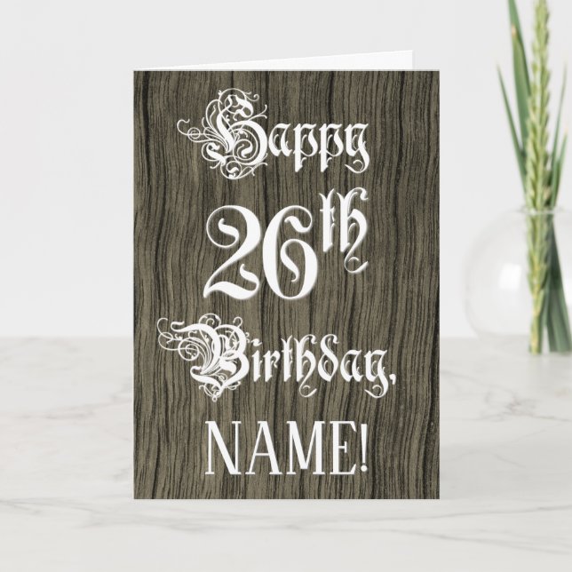 26th Birthday: Fancy, Elegant Text; Faux Wood Look Kort (Framsida)