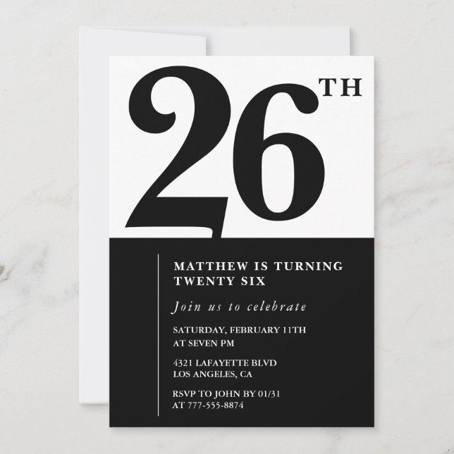 26th birthday invitations Black and White Elegant Inbjudningar (Framsida)