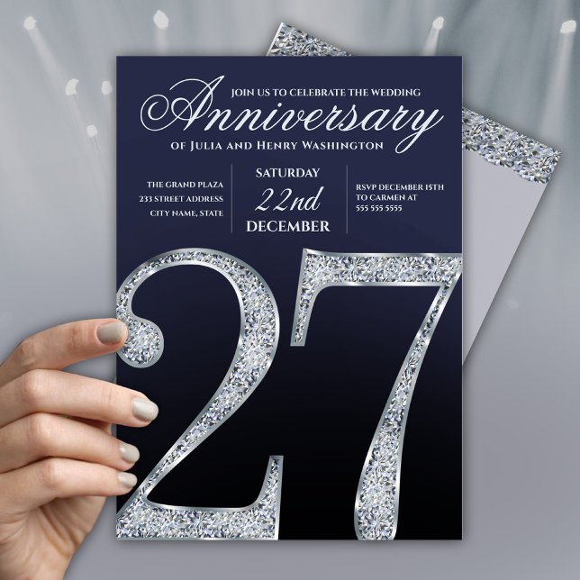 27-årsjubileum Diamant Silver Mörkblå År Inbjudningar (Skapare uppladdad)