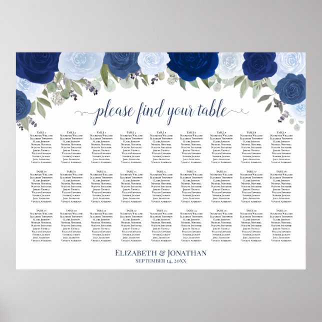 27 Bord Blå Rosor Elegant Bröllopsställning Poster (Framsidan)