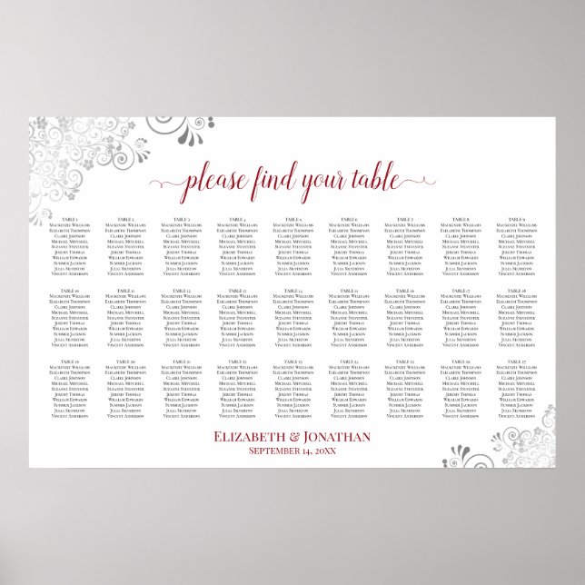 27 Bord Blommig Bröllops Bordskarta Vit & Röd Poster (Framsidan)