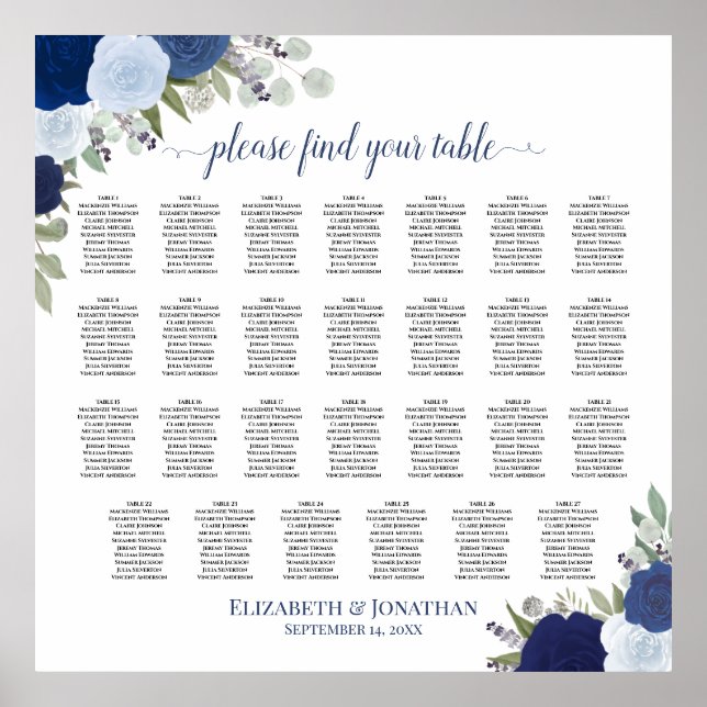27 Bord Blue Ro Elegant bröllop Sittdiagram Poster (Framsidan)