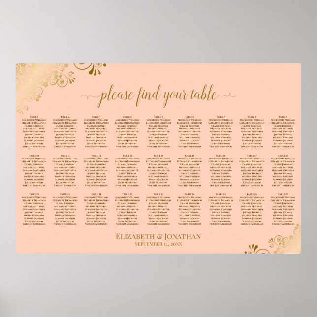 27 Bord Bröllop Placeringsplan Coral Peach & Guld Poster (Framsidan)