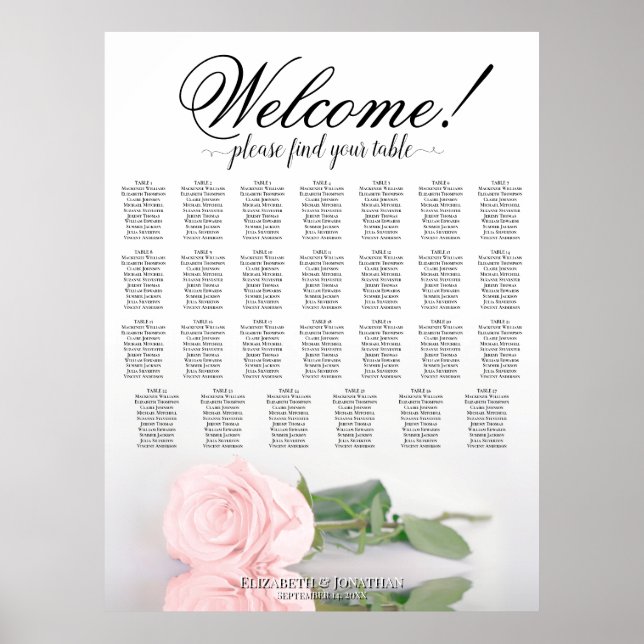 27 Bord Bröllop Placeringsplan Romantisk Rosa Ros Poster (Framsidan)
