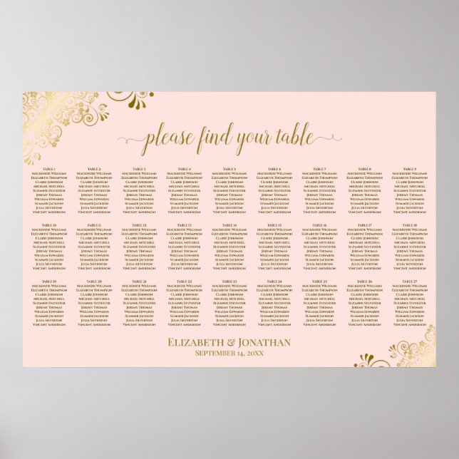 27 Bord Bröllop Placeringsplan Rosa & Guld Poster (Framsidan)