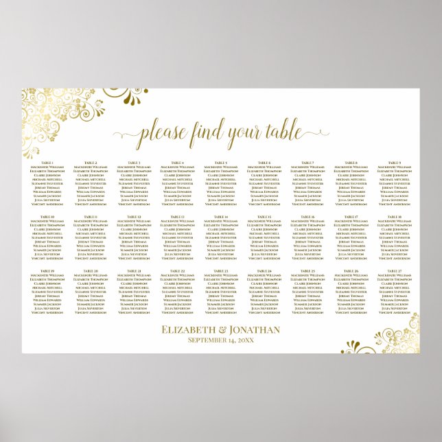 27 Bord Bröllopsplatskarta Ornamenterad Guld & Vit Poster (Framsidan)