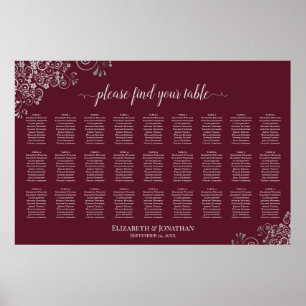27 Bord Bröllopsplatskarta Silver på Burgundy Poster