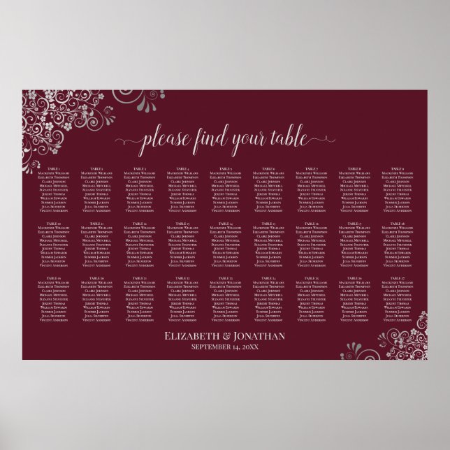 27 Bord Bröllopsplatskarta Silver på Burgundy Poster (Framsidan)