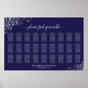 27 Bord Bröllopsplatskarta Silver på Marinblå Poster