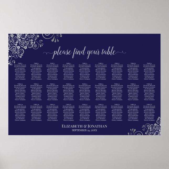 27 Bord Bröllopsplatskarta Silver på Marinblå Poster (Framsidan)