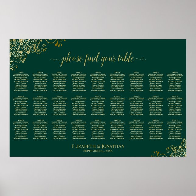 27 Bord Bröllopsplatskarta Smaragdgrön Guld Poster (Framsidan)