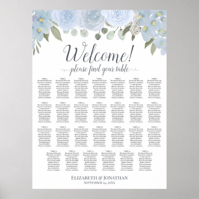 27 Bord Dammgrå Rosor Bröllopsställning Poster (Framsidan)