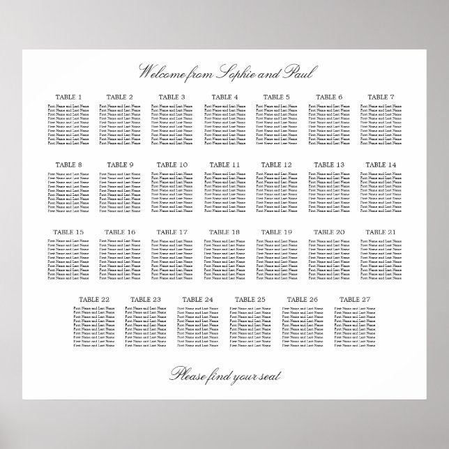 27 Bord Elegant Minimalistisk Placeringsplan Poster (Framsidan)