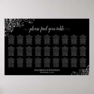 27 Bord Elegant Silver & Svart Bröllopsplatskarta Poster