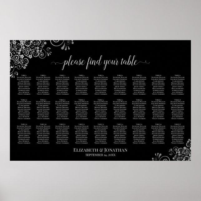 27 Bord Elegant Silver & Svart Bröllopsplatskarta Poster (Framsidan)