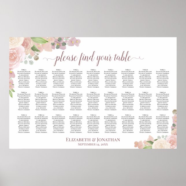 27 Bord Eleganta Rosa Rosor Bröllopsplatskarta Poster (Framsidan)