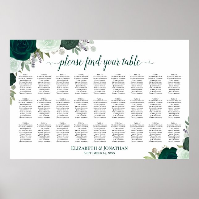 27 Bord Emerald Rosor Chic Bröllopsplatskarta Poster (Framsidan)