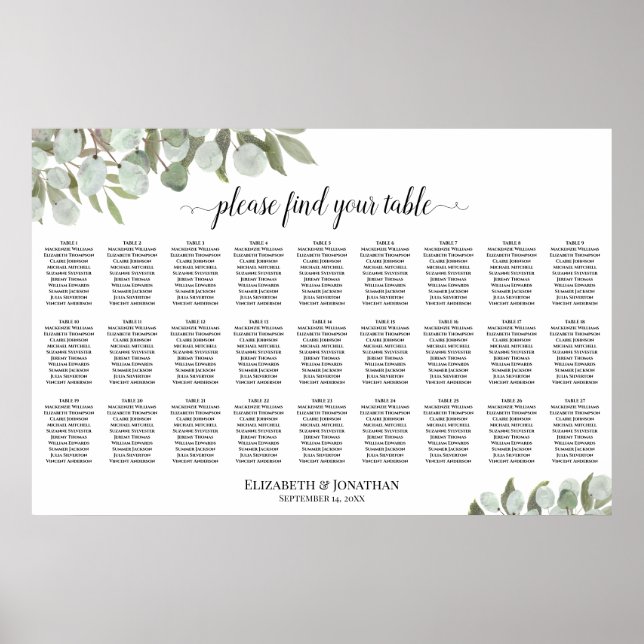 27 Bord Eukalyptusblad Bröllopsplatskarta Poster (Framsidan)