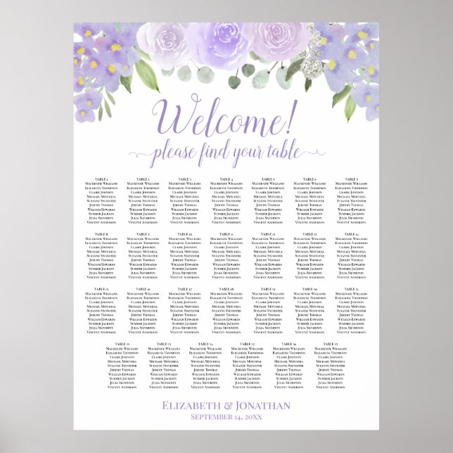 27 Bord Lavendel Blommig Bröllops Sittplatskarta Poster (Framsidan)