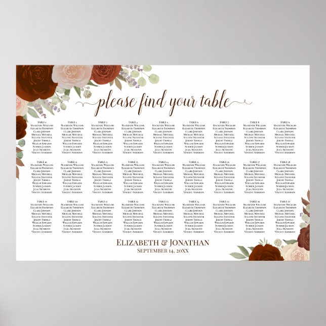 27 Bord Rost Orange Rosor Bröllopsdelschema Poster (Framsidan)