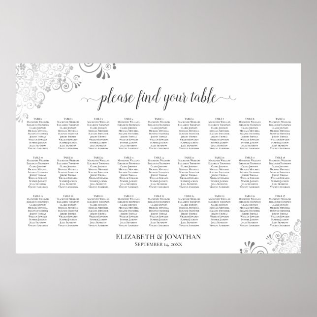 27 Bord Silver & Vit Elegant Placeringsplan Poster (Framsidan)
