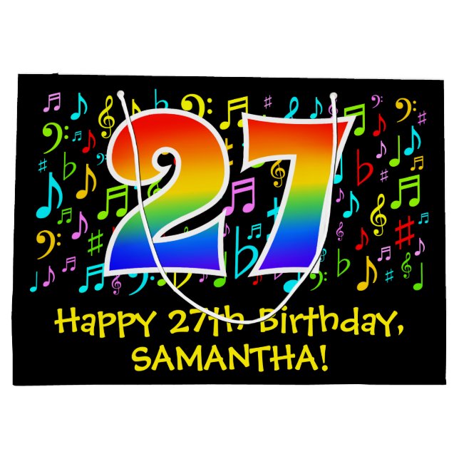 27:e födelsedag - färgstarka musiksymboler, regnbå (Baksidan)