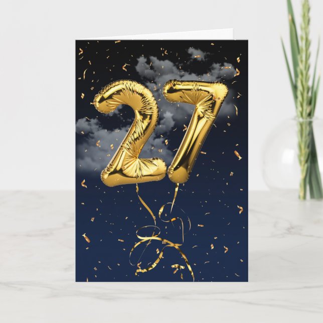 27:e födelsedag Guld Mylar Balloon and Confetti Ca Kort (Framsida)