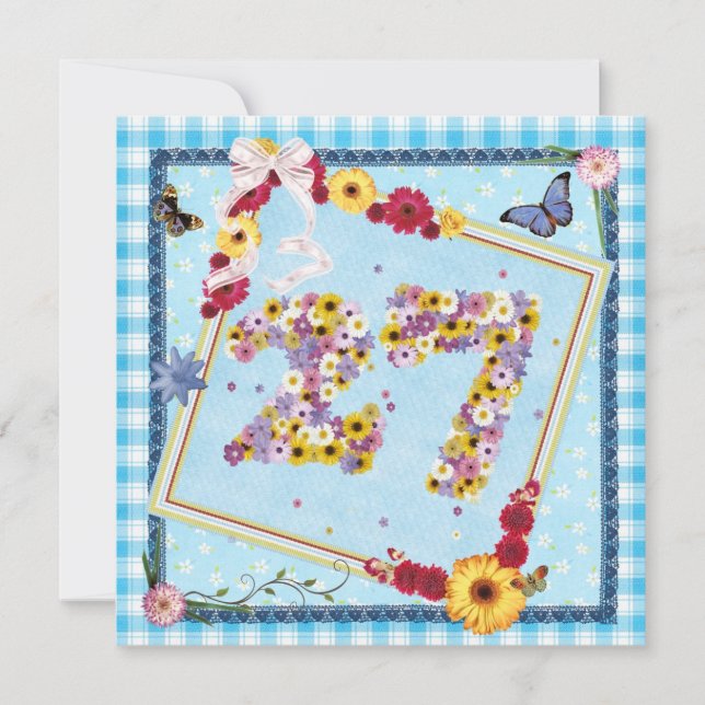 27:e Födelsedagsfest inbjudan-blommor,fjärilar Inbjudningar (Framsida)